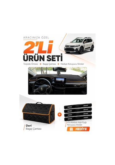 Dacia Jogger Ekranlı 2022-2026 Uyumlu Torpido Örtüsü + Deri Çanta + Sticker - Siyah Kahverengi