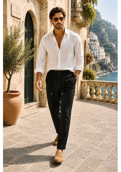 Danger Erkek Pamuk Viskon Kumaş Keten Görünümlü Siyah Slim Fit Pantolon - 216dngr