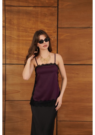 Verymoda Dantel Detaylı Askılı Saten Tunik - D2931 Mürdüm