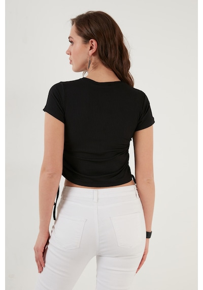 Lela Yanlardan Büzgülü Kısa Kollu Crop Bayan Bluz 5864010 Siyah