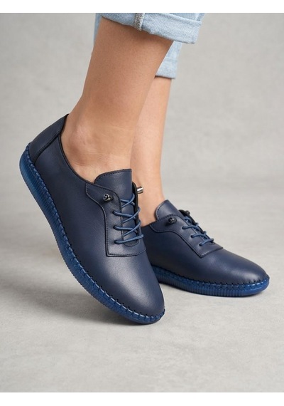 Beren Hakiki Deri Lacivert Kadın Yürüyüş Ayakkabı Ortopedik Taban Düz Esnek Bağcıklı Comfort Sneaker
