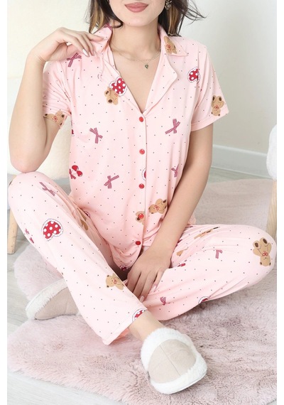 Modi Milan Kumaş Düğmeli Pijama Takımı Pudra - 750.1287. Açık Bej - Siyah