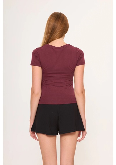 Zoor Ultra Soft Penye Modal V Yaka Kısa Kollu Bluz Bordo