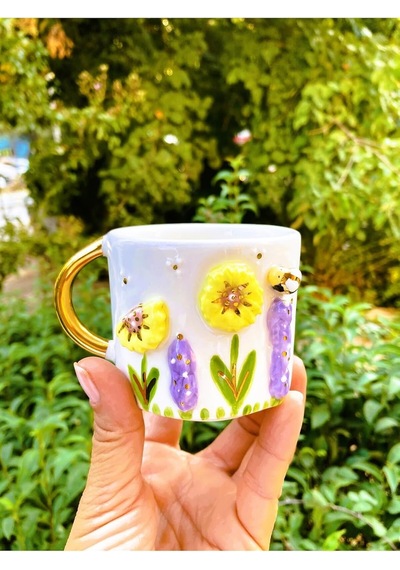 Premium Kalite 24 Ayar Altın Detaylı El Yapımı Papatya Kabartmalı Mug 200 Ml Flower Daisy