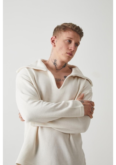 R-5850 Yaka Detaylı Örme Sweat Ekru