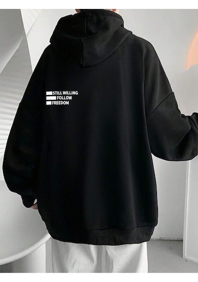 Startmore Siyah Unisex Siyah Freedom Follow Baskılı Oversize Kapüşonlu