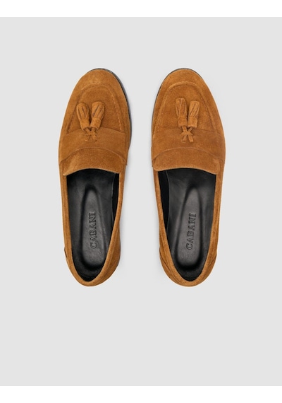 %100 Hakiki Deri Taba Süet Kadın Loafer Taba
