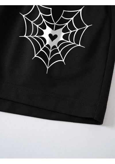 Spider Web & Heart Print Drawstring Waist Şort Siyah