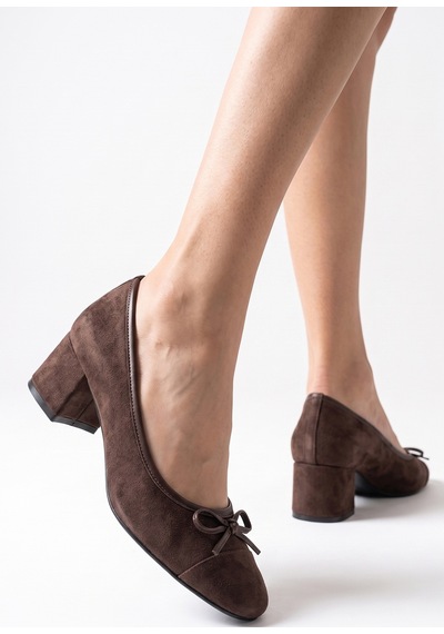 Luvi Shoes Leslıe Kahverengi Süet Fiyonklu Kadın Kalın Topuklu Ayakkabı