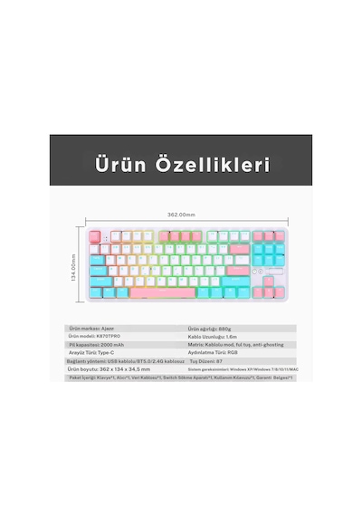 K870t Pro 3 Modlu Hot-swap Rgb, Mekanik Klavye - Beyaz