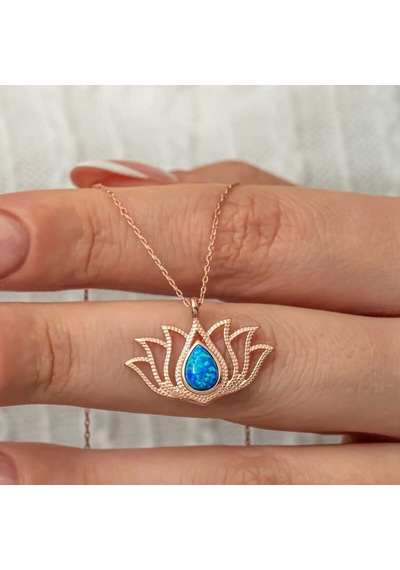 925 Ayar Gümüş Rose Kaplama Opal Taşlı Lotus Çiçeği Kolye Renkli