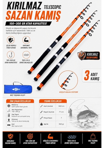 Profesyonel 3 Lü Sazan Olta Takımı - 3.60mt- Kırılmaz Kamış Metal Kafa Makine