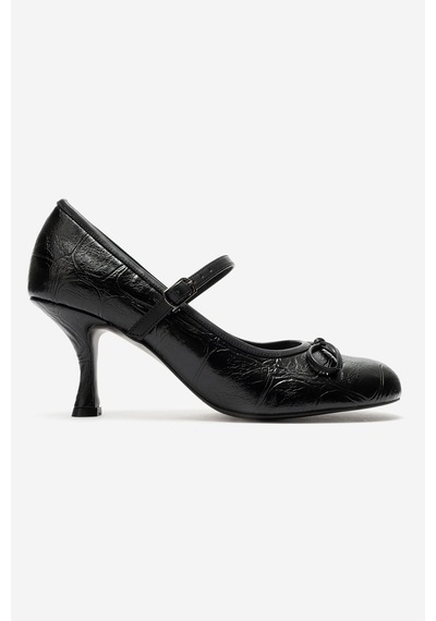 Luvi Shoes Acland Siyah Baskı Fiyonklu Kadın Topuklu Ayakkabı