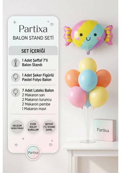 Şeker Figürlü Pastel Balon Stand Seti Şeffaf 7 Li Stand + Şeker Folyo Balon + 7 Makaron Renk Lateks Balon