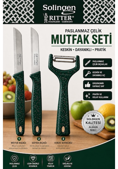 Solingen Ritter 3'lü Paslanmaz Çelik Mutfak Seti Yeşil
