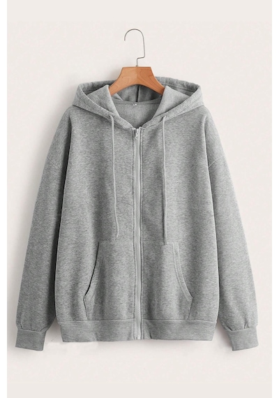Fermuar Kapüşonlu Sweatshirt Gri