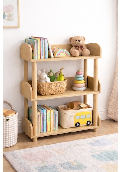 Pureza Ahşap Çocuk Kitaplık & Oyuncak Rafı 3 Katlı Çok Amaçlı Düzenleyici 60x80 CM Meşe