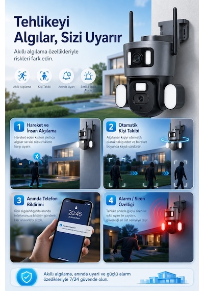 2 Kameralı 3+3mp Wıfı Güvenlik Kamerası - 360 Otomatik - Gece Görüş - Hareket - Algılama - Takip 76521098
