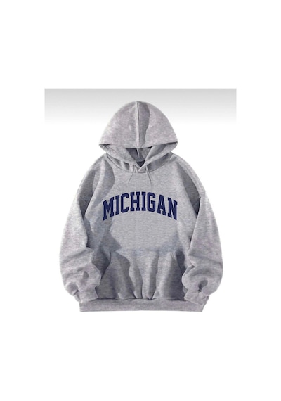 Unisex Oversize Mıchıgan Baskılı Kapüşonlu Sweatshirt Gri