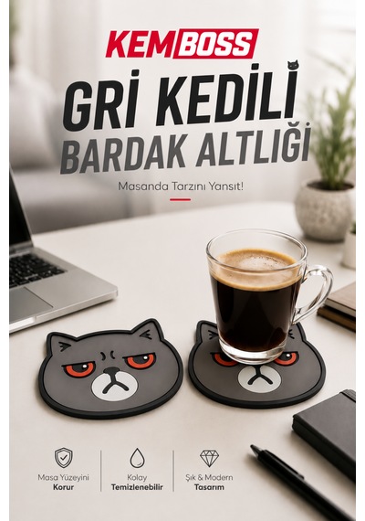 Kemboss Gri Kedili Bardak Altlığı 2'li Set - Pvc Kaydırmaz Bardak Altlığı Kahve Kupa Çay Bardağı Altlığı Masa Koruyucu