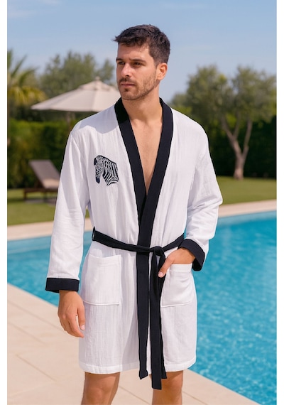 Baskılı Müslin Kimono Bornoz Unisex %100 Pamuk Yumuşacık 2 Katlı Doğal Kumaş - Ztmbb10 Siyah
