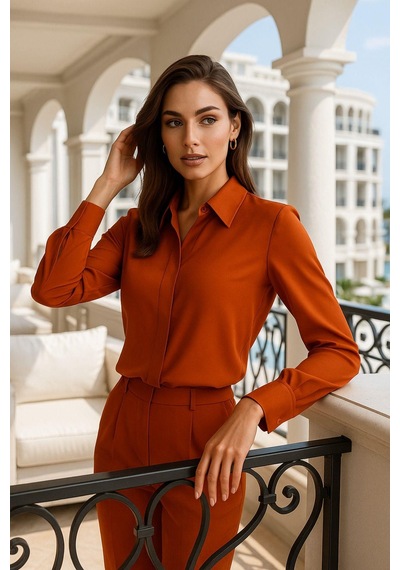 Rich Kadın Kiremit Gizli Düğme Detaylı Slim Fit Trend Krep Gömlek Çok Renkli