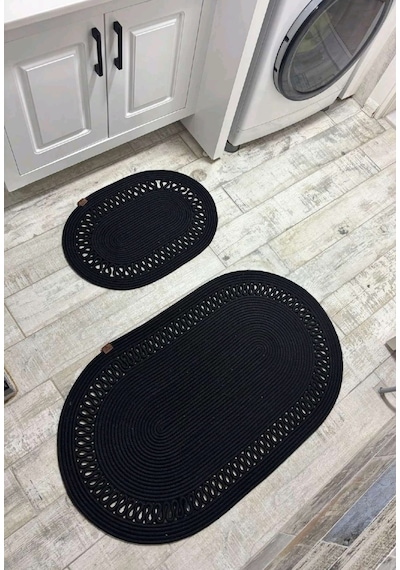 Jüt Hasır 2li Banyo Paspas Takımı-siyah Trikotlu Siyah
