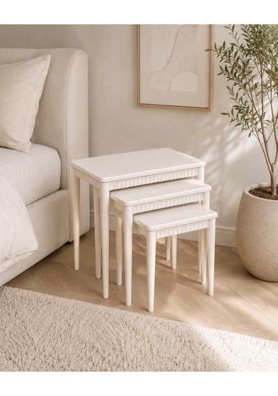 Ganni Home Lodos 3 Lü Zigon Sehpa Seti Krem Krem Gürgen İskeletli, Dekoratif Çıtalı Modern Ve Ferah Tasarım