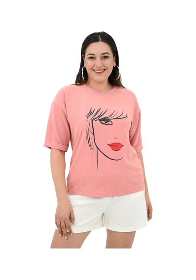 Kadın Büyük Beden Yüz Baskılı T-shirt 1788-25 001