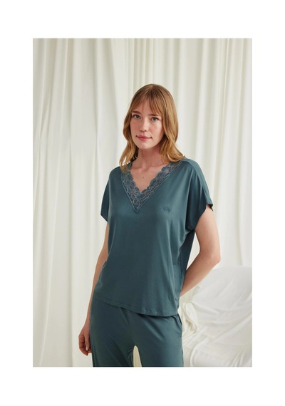 Hrşytrend Herşeytrend Kısa Kollu V Yakalı Dantelli Pijama Takımı Yeşil