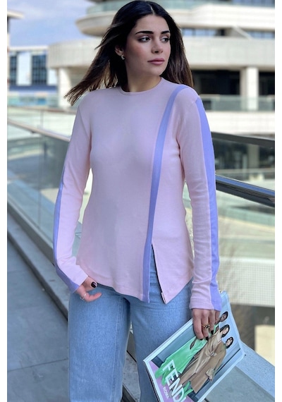 WeShaya Kadın Pembe Yuvarlak Yaka, Uzun Kol, Şerit Detaylı, Yırtmaçlı Rahat Bluz Pembe
