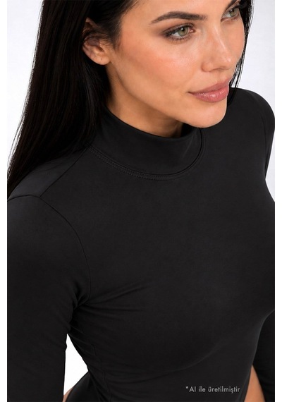 Cottonhıll Premium - Drape Collection Siyah Viskon Balıkçı Yaka Uzun Kollu Çıtçıtlı Kadın Bodysuit