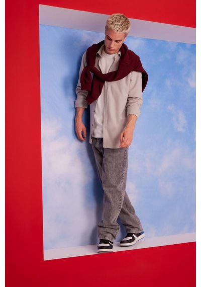 Defacto Slim Fit Dar Kesim Pamuklu Basic Düz Uzun Kollu Gömlek A4644AX23AUGR91 Gri