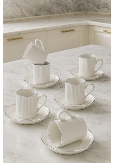 12 Parça 6 Kişilik Stackable Çizgili Gümüş Yaldızlı Kahve Fincan Takımı - Kahve Fincanı Seti 100ml Gümüş Beyaz