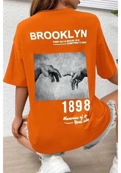 Flood Of Style Unisex 1898 Brooklyn Baskılı T-shirt Turuncu