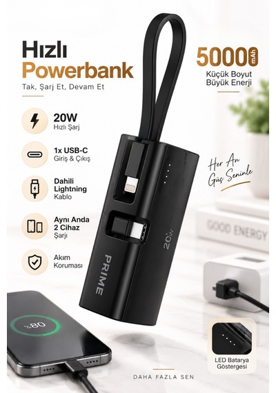 5000 Mah Powerbank 20w Pd Hızlı Şarj Dahili Lightning Kablolu Usb-c Taşınabilir Şarj Cihazı siyah