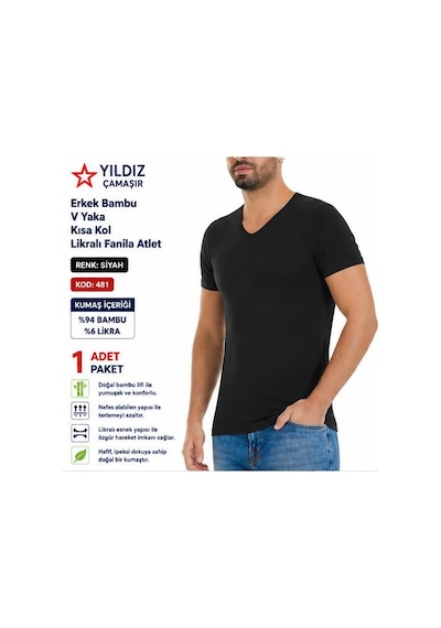 Yıldız Çamaşır Erkek Bambu V Yaka Kısa Kol Likralı Fanila Atlet 480-481-482 - 1 Adet Siyah