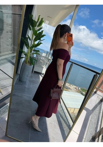 Veraura Lifestyle Kadın Madonna Yaka Midi Boy Modal Elbise Bordo
