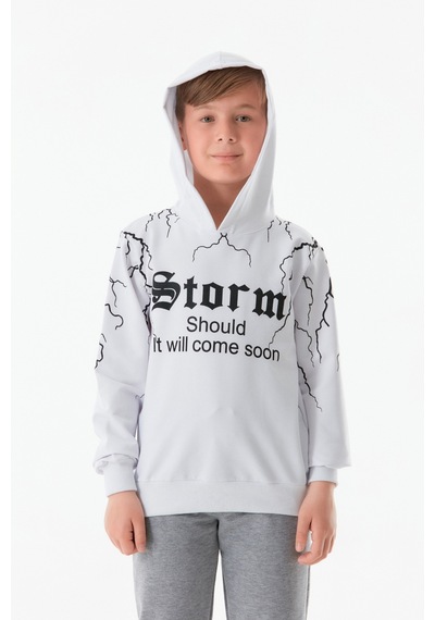 Fullamoda Baskılı Kapüşonlu Erkek Çocuk Sweatshirt 25kcck1303206202-beyaz 25KCCK1303206202-Beyaz