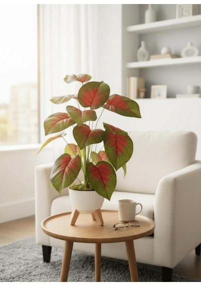 Yapay Çiçek Salon Bitkisi Kızıl Difenbahya 70cm 18 Yaprak Beyaz Zigon Saksıda Yeşil