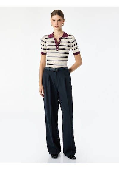 Koton Regular Fit Polo Yaka Çizgili Kısa Kollu Triko Kazak Bordo Çizgili 7wak90456ht