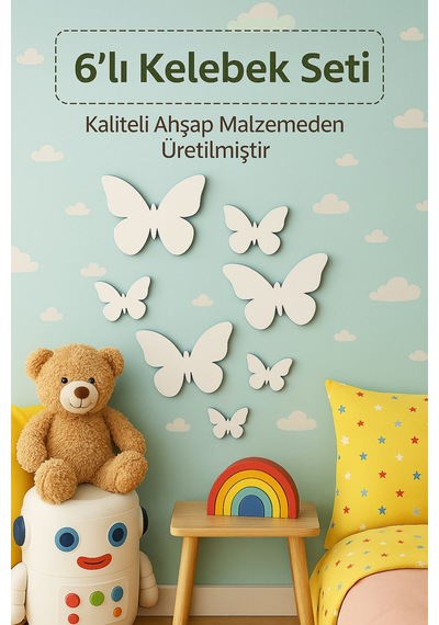12 Adet Ahşap Dekoratif Kelebekli Duvar Süsü - Beyaz Renk Dekoratif Kelebek Duvar Mutfak Süsü