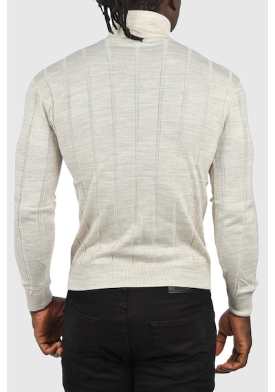 Deepsea Erkek Bej Slim Fit Likralı Tam Balıkçı Yaka Çizgili Boğazlı Kazak 2505504 Bej
