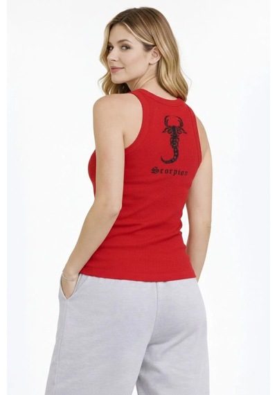 Assema Kadın Fitilli Atlet Sıfır Yaka Slim Fit Arka Baskılı Spor Atlet - Kırmızı Çok Renkli