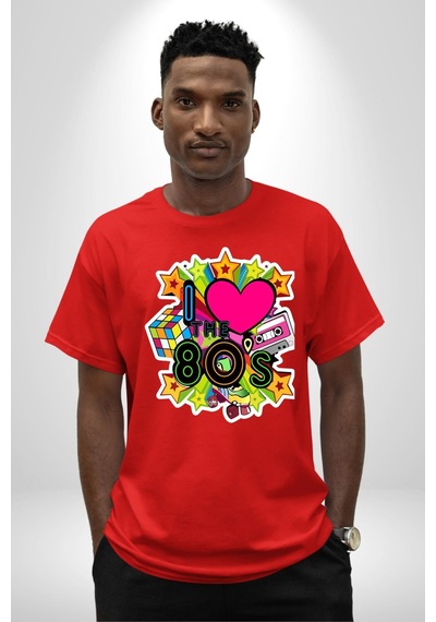 80leri Seviyorum Kaset Ve Özel Hediye Pamuklu Bisiklet Yaka Unisex Oversize Boyfriend Dijital Baskılı Kırmızı T-shirt Kırmızı