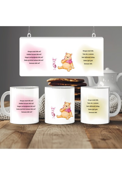 Winnie The Pooh Tasarım Sevgi Temalı Kupa Bardak Sevgiliye, Arkadaşa, Dosta Hediyelik Bardak Beyaz
