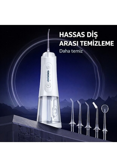 Ağız Duşu Şarjlı 320 Ml Su Hazneli 4 Modlu Su Geçirmez Taşınabilir Oral Irrigator 5 Başlıklı Derin Temizlik Type-c