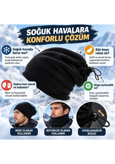 Elitse Unisex Polar Bere Boyunluk 2 Adet Seti 2'si 1 Arada Büzgülü Sıcak Tutan Kışlık Siyah Günlük Konforlu