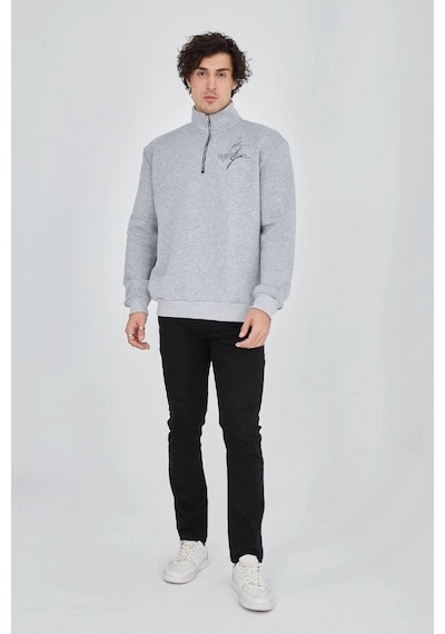 Erkek Yarım Fermuarlı Baskılı 3 İplik Pamuklu Sweatshirt - Gri