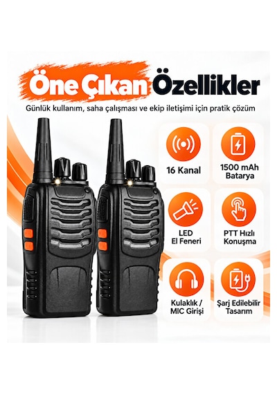 16 Kanallı El Telsizi 2 Li Set 1500 Mah Şarjlı Batarya Uhf 400 470 Mhz Led El Fenerli